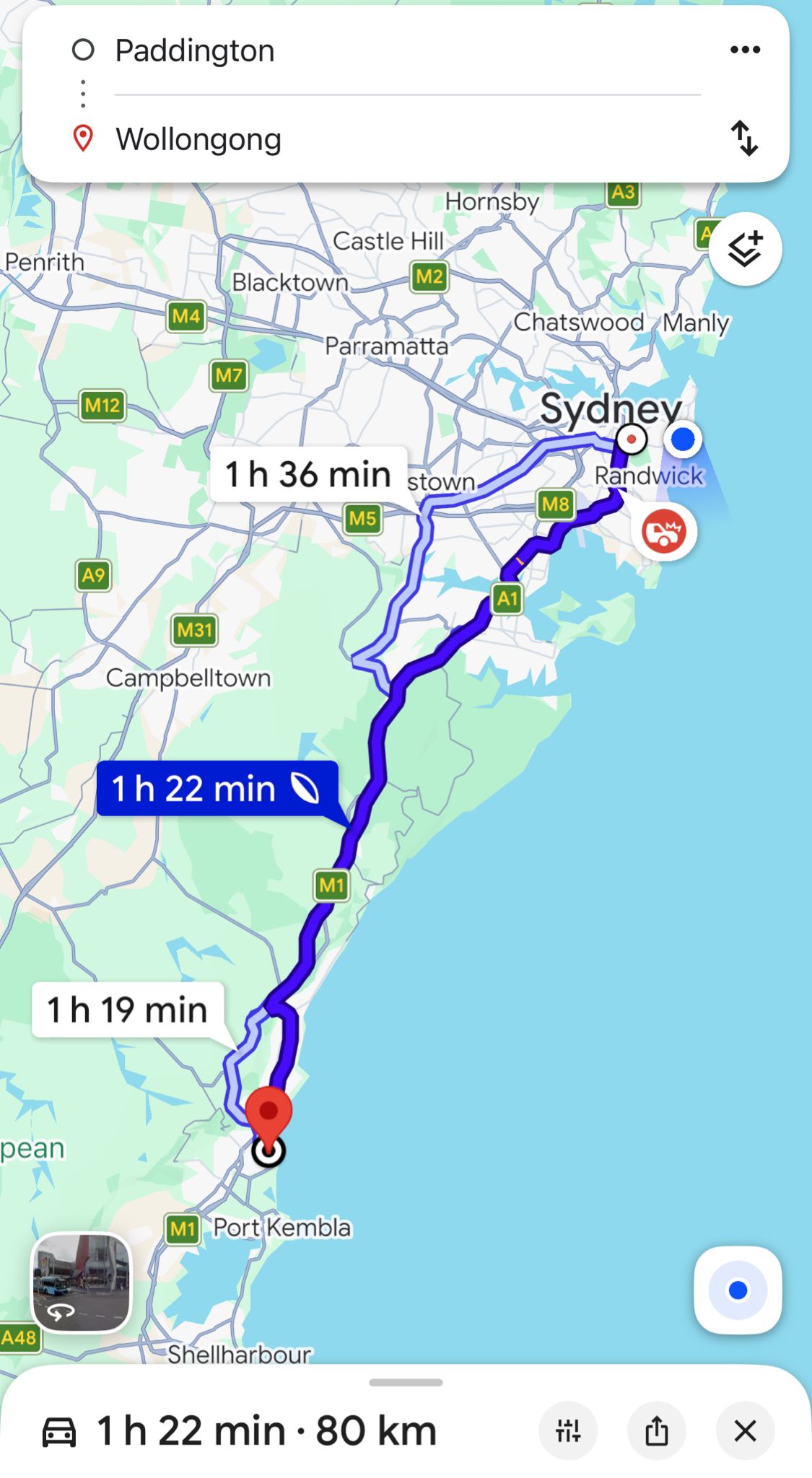 Route map Paddington to Wollongong